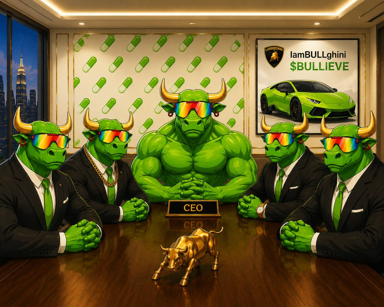 The BULLIEVE board of directors — green bulls in suits and rainbow shades, CEO at the head of the table