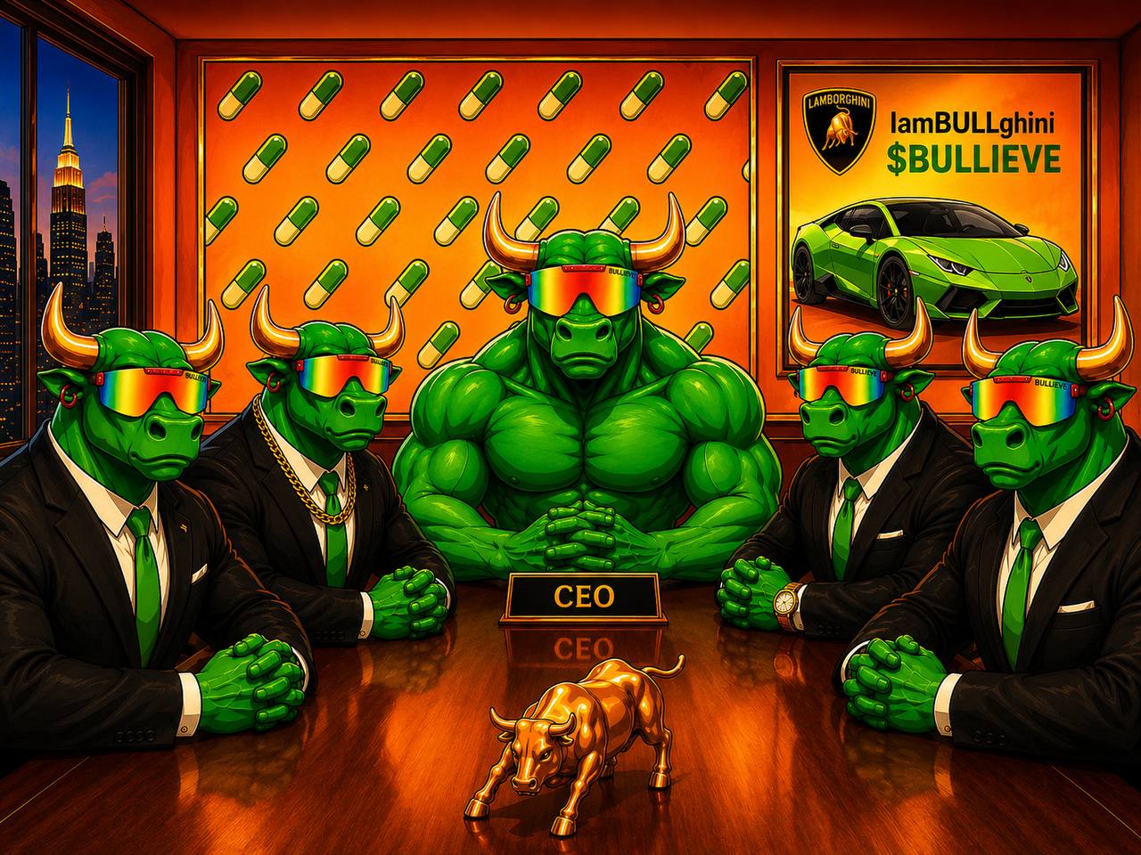 The BULLIEVE board of directors — green bulls in suits and rainbow shades, CEO at the head of the table