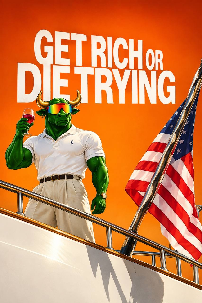 Green bull in a polo raising a glass on a yacht under a GET RICH OR DIE TRYING billboard